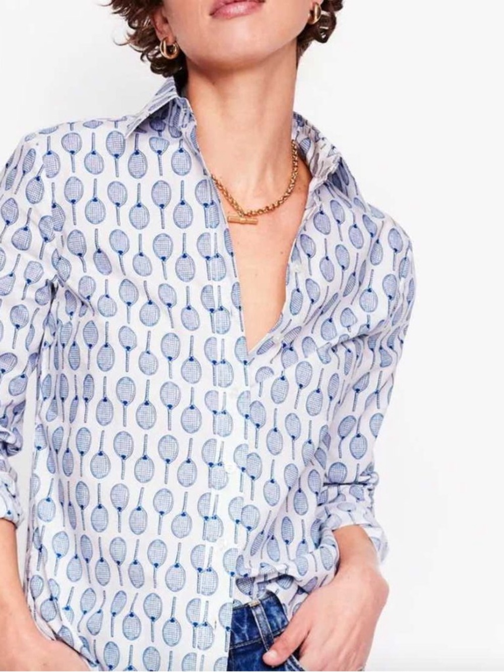 NWT Biden Blue tennis Printed Button-Up Blouse, 6